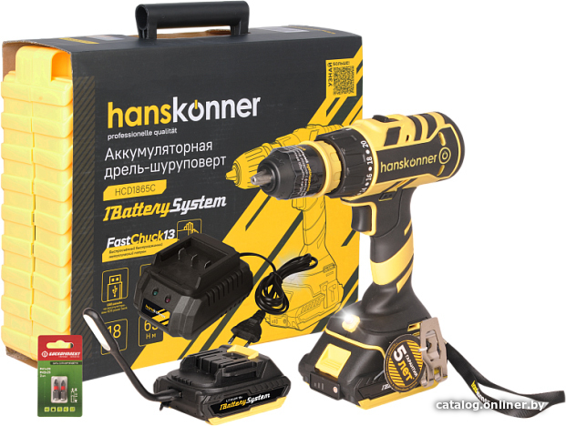  - Шуруповерты, гайковерты, электроотвертки Hanskonner HCD1865C (с 2-мя АКБ, кейс) - HCD1865C (с 2-мя АКБ, кейс)