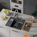 Кухонные мойки Roxen Stage 560250-60B PVD графит (c держателем для ножей, двумя коландерами, разделочной доской и дозатором)