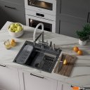 Кухонные мойки Roxen Stage 560250-60B PVD графит (c держателем для ножей, двумя коландерами, разделочной доской и дозатором)