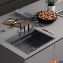Кухонные мойки Roxen Stage 560250-60B PVD графит (c держателем для ножей, двумя коландерами, разделочной доской и дозатором)