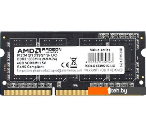  - Оперативная память AMD Radeon R3 4GB DDR3 SODIMM PC4-10600 R334G1339S1S-UO - Radeon R3 4GB DDR3 SODIMM PC4-10600 R334G1339S1S-UO