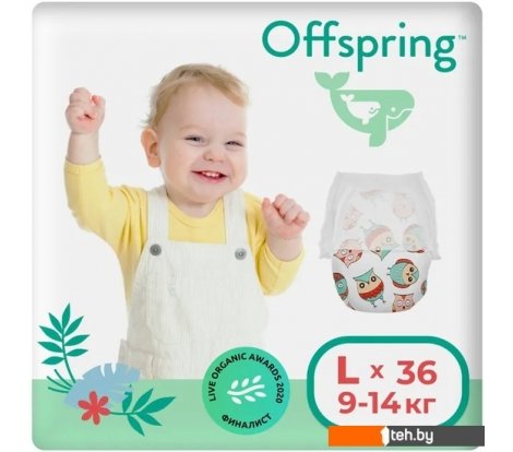  - Детские подгузники Offspring L 9-14 кг Совы (36 шт) - L 9-14 кг Совы (36 шт)