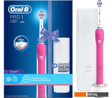  - Электрические зубные щетки и ирригаторы Oral-B Pro 1 750 3D White D16.513.1UX (розовый) - Pro 1 750 3D White D16.513.1UX (розовый)