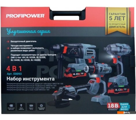  - Наборы электроинструментов Profipower ProfiSet-4F18 E0093 (шуруповерт, гайковерт, болгарка, перфоратор, 2 АКБ, кейс) - ProfiSet-4F18 E0093 (шуруповерт, гайковерт, болгарка, перфоратор, 2 АКБ, кейс)
