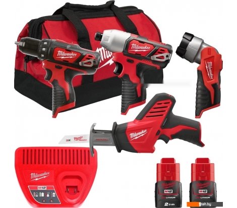  - Наборы электроинструментов Milwaukee M12 M12BPP4A-202B 4933441240 (шуруповерт, винтоверт, фонарик, сабельная пила, 2 АКБ, сумка) - M12 M12BPP4A-202B 4933441240 (шуруповерт, винтоверт, фонарик, сабельная пила, 2 АКБ, сумка)