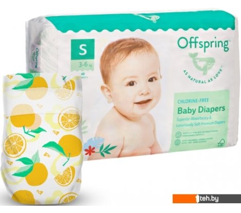  - Детские подгузники Offspring S 3-6 кг Апельсины (48 шт) - S 3-6 кг Апельсины (48 шт)