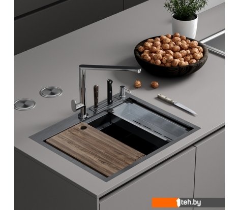  - Кухонные мойки Roxen Stage 560250-60B PVD графит (c держателем для ножей, двумя коландерами, разделочной доской и дозатором) - Stage 560250-60B PVD графит (c держателем для ножей, двумя коландерами, разделочной доской и дозатором)