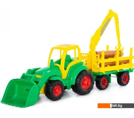 - Игрушечный транспорт Полесье Чемпион трактор с ковшом + прицеп-лесовоз 0483 - Чемпион трактор с ковшом + прицеп-лесовоз 0483