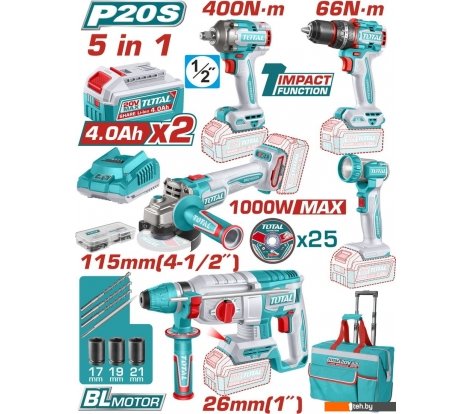  - Наборы электроинструментов Total TCKLI20592 (шуруповерт, гайковерт, перфоратор, болгарка, фонарь, 2 АКБ, сумка) - TCKLI20592 (шуруповерт, гайковерт, перфоратор, болгарка, фонарь, 2 АКБ, сумка)
