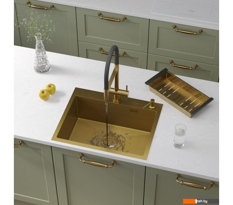  - Кухонные мойки Roxen Snake 560220-60-GS PVD Gold золотая/текстурная (с коландером и дозатором) - Snake 560220-60-GS PVD Gold золотая/текстурная (с коландером и дозатором)