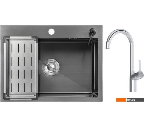  - Кухонные мойки Saniteco 6045 Nano + Spike F9S07000 (хром, с сифоном, дозатором и коландером) - 6045 Nano + Spike F9S07000 (хром, с сифоном, дозатором и коландером)