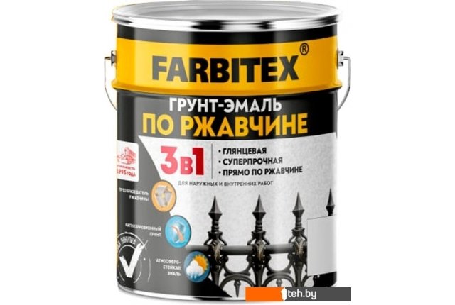 Краски и эмали Farbitex По ржавчине 3в1 5 кг (черный) Краски и эмали Farbitex По ржавчине 3в1 5 кг (черный)