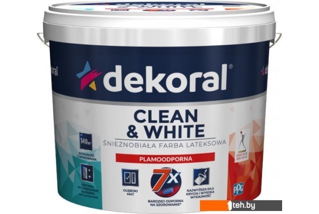 Краски и эмали Dekoral Clean&White Грязеотталкивающая матовая 5 л (белый) Краски и эмали Dekoral Clean&White Грязеотталкивающая матовая 5 л (белый)